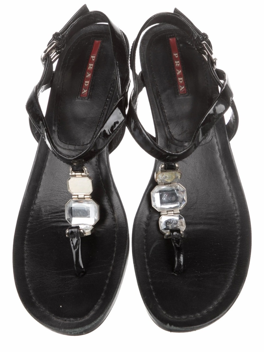 Prada Black Patent Leather Jeweled T-Strap Sandals with Crystal Accents